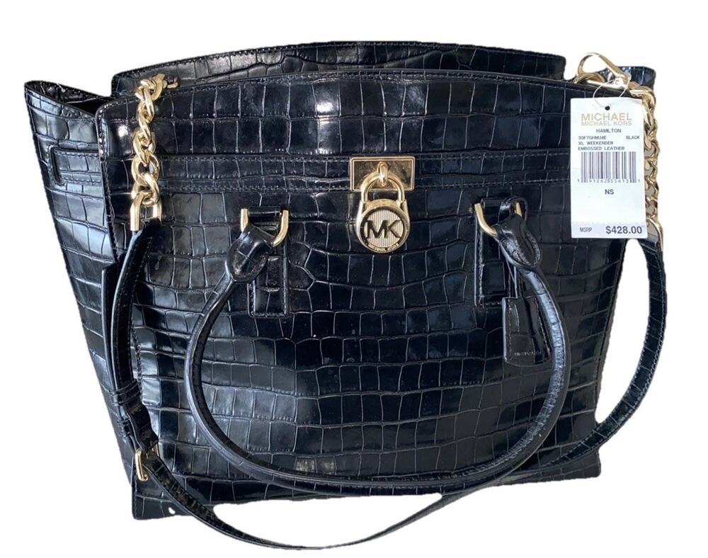 Michael Kors Hamilton Weekender Black Embossed Leather Gold Chain Classic Purse